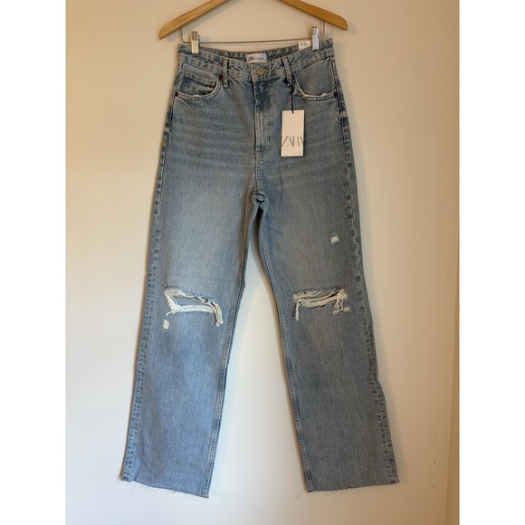Zara Wide Leg Jeans Women Sz 8 Blue High Rise Ripped Distressed Light Denim NWT - Picture 1 of 7